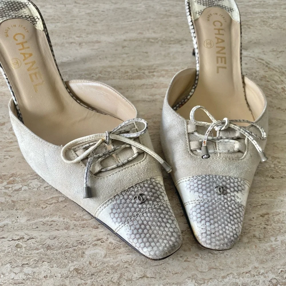 CHANEL Beige and White Mules with Bow Detail